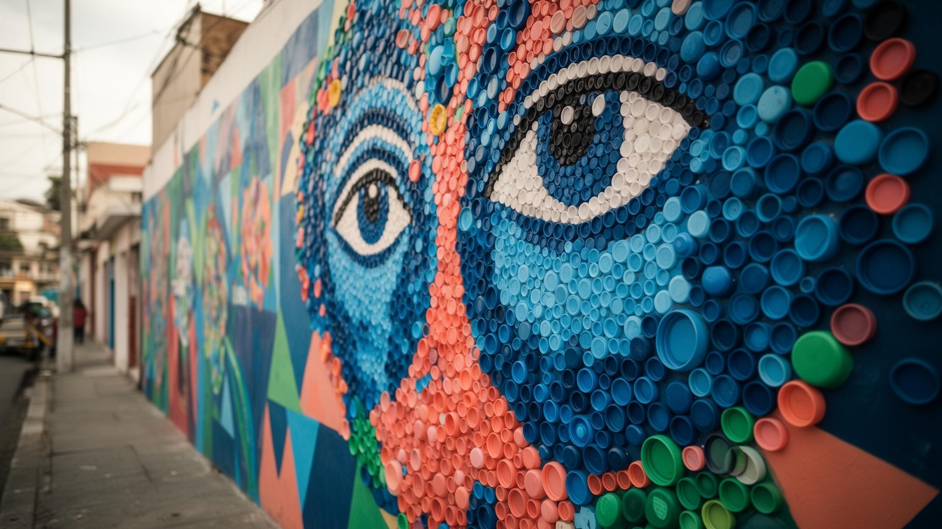 Mural comunitario hecho con miles de tapas plásticas recicladas