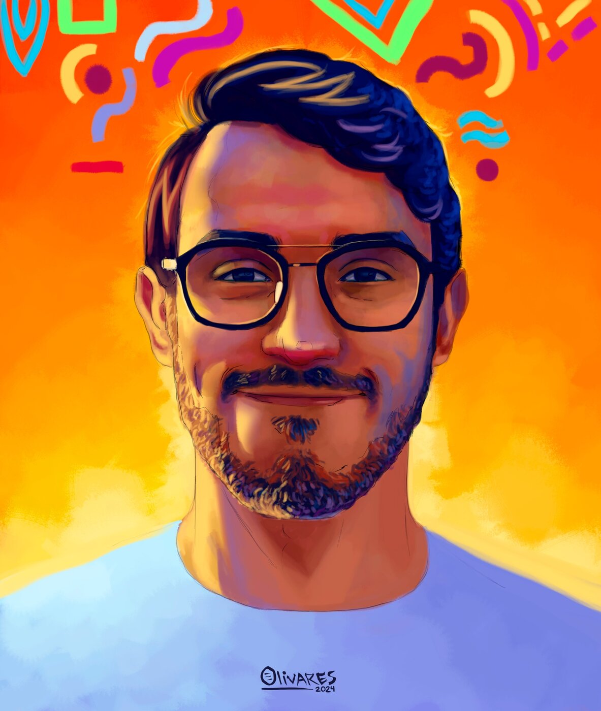 Oscar Olivares frente a su obra mural hecha con tapas plásticas